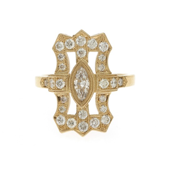 A diamond ring set with a marquis-cut diamond weighing app. 0.37 ct. encircled by numerous brilliant-cut diamonds totalling app. 0.67 ct., mounted in 14k gold.