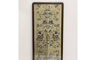 A framed pair of Chinese floral silk embroidered sleeve band...