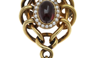 A garnet and pearl brooch set with two cabochon almindine garnets encircled...