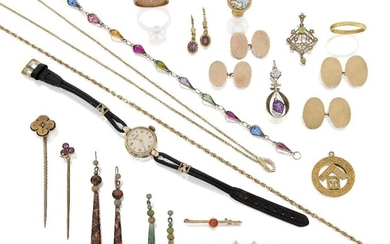 A group of jewellery and costume jewellery, comprising: an early 20th century gold masonic pendant, 7.0g; a 22ct gold band ring, London hallmarks, 1954, 3.3g; an oval citrine single stone ring; a Prince-of-Wales link neck chain; a 9ct gold...
