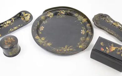 A group of painted black lacquer wares, 19th century, comprising: a Victorian...