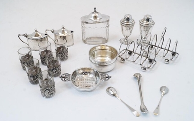 A group of silver comprising: a Britannia silver tea strainer, by F T Ray & Co., with crown handles and pierced bowl, 11.4cm wide; a small banded bowl, Sheffield, 1933, Viner's Ltd (Emile Viner), 7.3cm diameter; two four division toast racks, by...