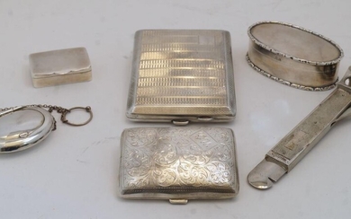 A group of silver, comprising: an engine turned cigarette case, Birmingham, 1928, Joseph Gloster Ltd, with vacant cartouche to top and gilt interior, 11cm wide; a silver cigarette case, Birmingham, of curved form, Birmingham, 1927, Henry Williamson...