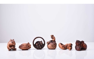 A group of six Japanese carved wood netsuke modelled as rats...