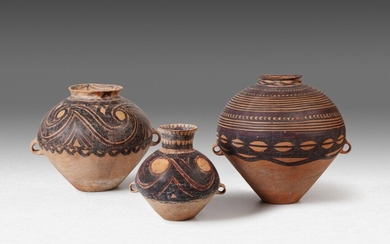 A group of three painted pottery globular jars Neolithic period, Yangshao culture | 新石器時代 仰韶文化彩陶雙耳罐一組三件