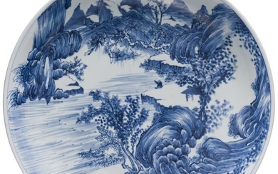 A large Chinese blue and white bowl with mountain and river scene, probably Kangxi period