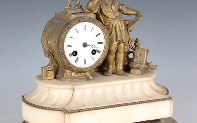 A late 19th century French gilt spelter and alabaster mantel clock with eight day movement striking