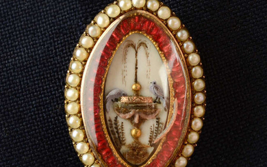 A late Georgian gold, red enamel and split pearl brooch, the central glazed hairwork panel depicting love birds at a fountain.