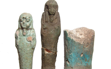 A lot of 3 Egyptian faience ushabtis, Late Period