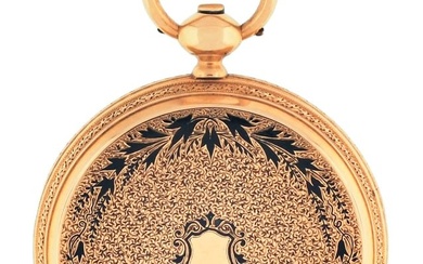 A mid 19th century Swiss 18 karat gold hunting case pocket watch with black enamel ornament