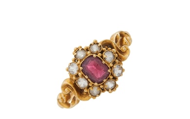A mid Victorian 18ct gold garnet and paste cluster ring, rin...