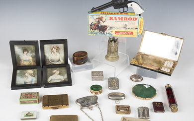 A mixed group of collectors' items, including a 19th century red glass and brass double-ended s
