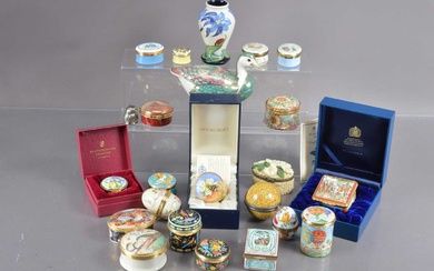 A modern miniature Moorcroft vase together with a collection of numerous enamel boxes
