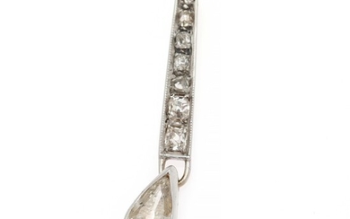 A necklace with a diamond pendant set with a pear-shaped old-cut and numerous rose-cut diamonds, mounted in 18k white gold. Pendant L. app. 3.8 cm.