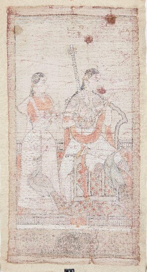A painting on cloth of a princess and her attendant with peacocks in the Mughal style, India, 19th-20th century, the princess shown seated with one leg crossed and holding a stringed instrument possibly a vina, with two birds listening in rapture...