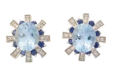 A pair of 18ct gold aquamarine, sapphire and diamond earrings