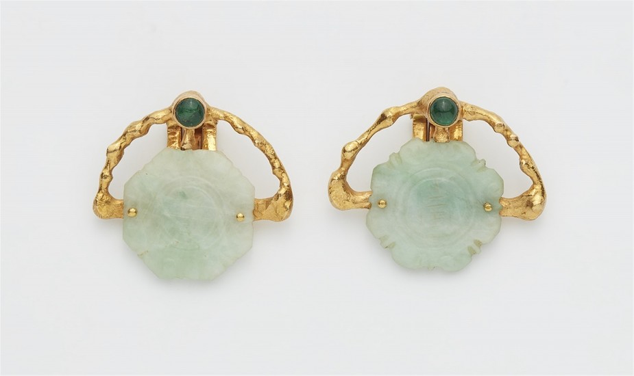 A pair of 18k gold and jade clip earrings