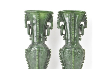 A pair of Chinese 20th century jadeite vases, of flattened b...