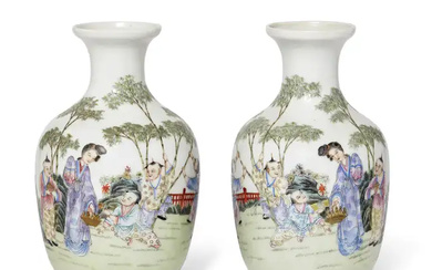 A pair of Chinese famille rose vases Republic period Finely painted with...