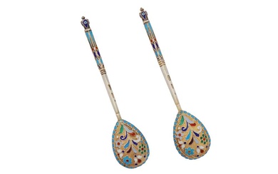 A pair of Nicholas II late 19th / early 20th century Russian 84 zolotnik silver and cloisonné enamel coffee spoons, Moscow 1896-1908 by Mikhail Aleksandrov (active 1883-1908)