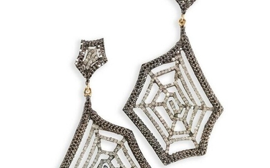 A pair of black diamond and diamond pendant earrings