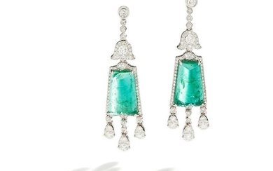 A pair of emerald and diamond pendent earrings, by Fei Liu