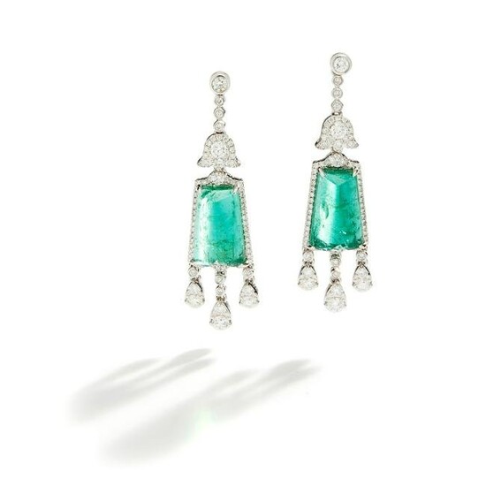 A pair of emerald and diamond pendent earrings, by Fei