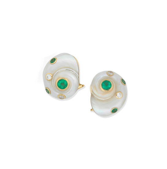 A pair of emerald and diamond shell earclips,, by Trianon for Seaman Schepps