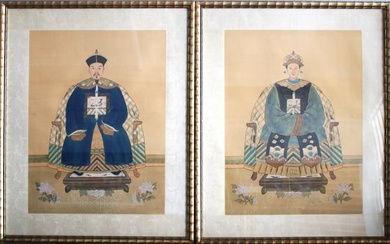 A pair of framed Chinese Ancestor Portraits of a Emperor and Empress