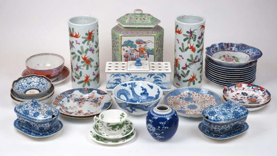 A quantity of Asian and Chinoiserie porcelain, to include a pair of Chinese cylindrical brush pots decorated with fish, 28cm high, a Chinese hexagonal famille verte jar and cover, with apocryphal red seal mark to underside, 30cm high overall, a...