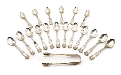 A quantity of silver teaspoons and tongs