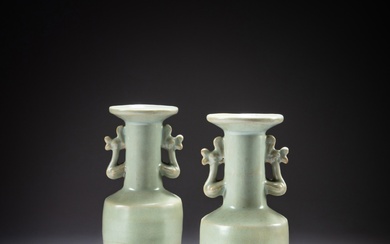 A rare pair of 'Longquan' celadon-glazed mallet vases, Southern Song dynasty | 南宋 龍泉窰青釉雙鳳耳盤口瓶一對