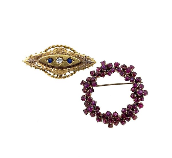 A sapphire and diamond brooch, together with a ruby brooch
