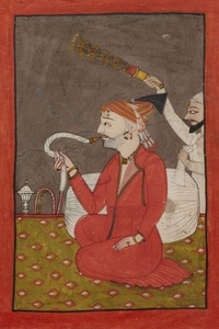 A seated noble smoking a huqqa, Mandi,...