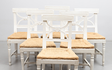 A set of 4 and 2 late Gustavian chairs, so-called Bellman model, first part of the 19th century.