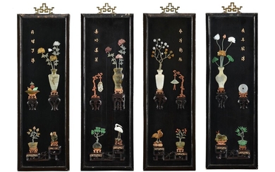 A set of Four Chinese hardstone and lacquer panels