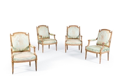 A suite of four Louis XVI cream lacquered armchairs, stamped Dupain | Suite de quatre fauteuils en bois laqué crème et rechampi or d'époque Louis XVI, estampillée Dupain