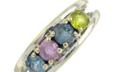 A vari-hue synthetic gem five-stone ring.