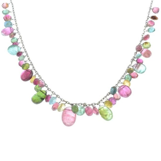 A vari-hue tourmaline necklace.Tourmalines include