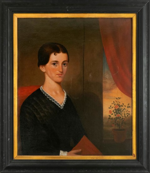 AMERICAN SCHOOL, 19th Century, Portrait of a young woman., Oil on canvas, 30" x 25". Framed 34" x 29".