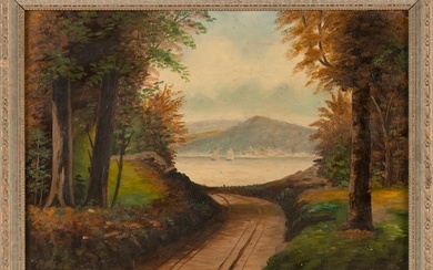 AMERICAN SCHOOL (Early 20th Century,), Woodland road leading to a lake vista., Oil on masonite, 11"