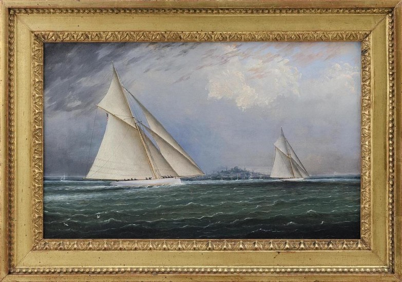 AMERICAN SCHOOL , Yacht racing off a hilly coast., Oil on canvas, 11.5" x 18.25". Framed 16" x 23".