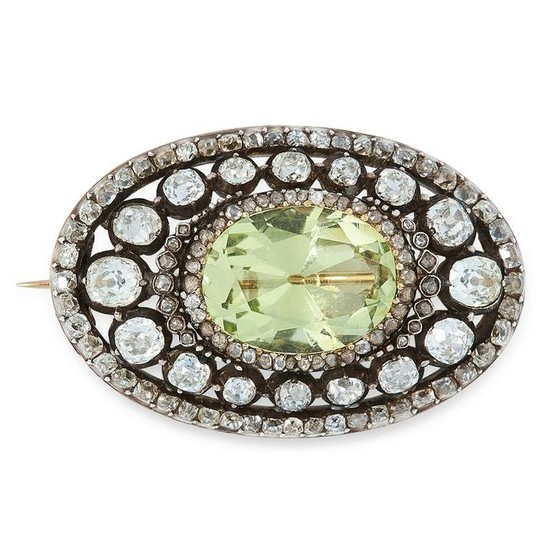 AN ANTIQUE CHRYSOLITE AND DIAMOND BROOCH, 19TH CENTURY