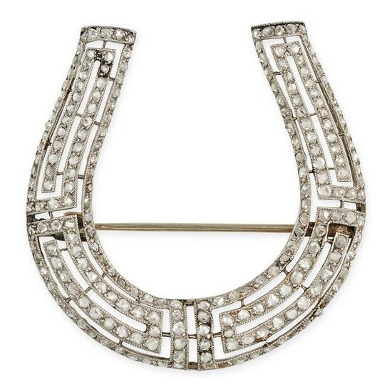 AN ANTIQUE DIAMOND HORSE SHOE BROOCH designed as an openwork horseshoe in meander style, set