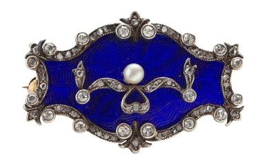 AN ANTIQUE ENAMEL, DIAMOND AND SEED PEARL BROOCH