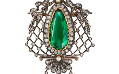 AN ANTIQUE GREEN PASTE, DIAMOND AND PEARL PENDANT ...