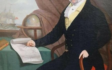 ANGLO-AMERICAN SCHOOL C. 1820'S - PORTRAIT OF MERCHANT ON SHIP WITH GLOBE & MAP