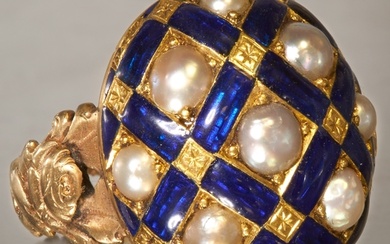 ANTIQUE PEARL AND ENAMEL RING, High carat gold. Pearls well ...