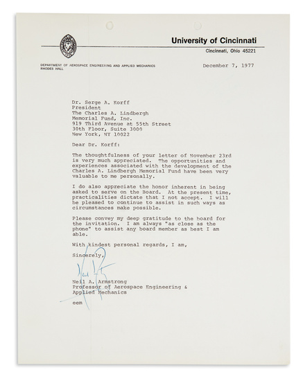 (ASTRONAUTS.) ARMSTRONG, NEIL. Two Typed Letters Signed, regarding the Charles A. Lindbergh Memorial...