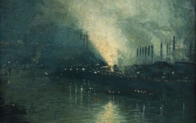 Aaron Gorson Nocturne Steel Mill Scene Oil on Canvas